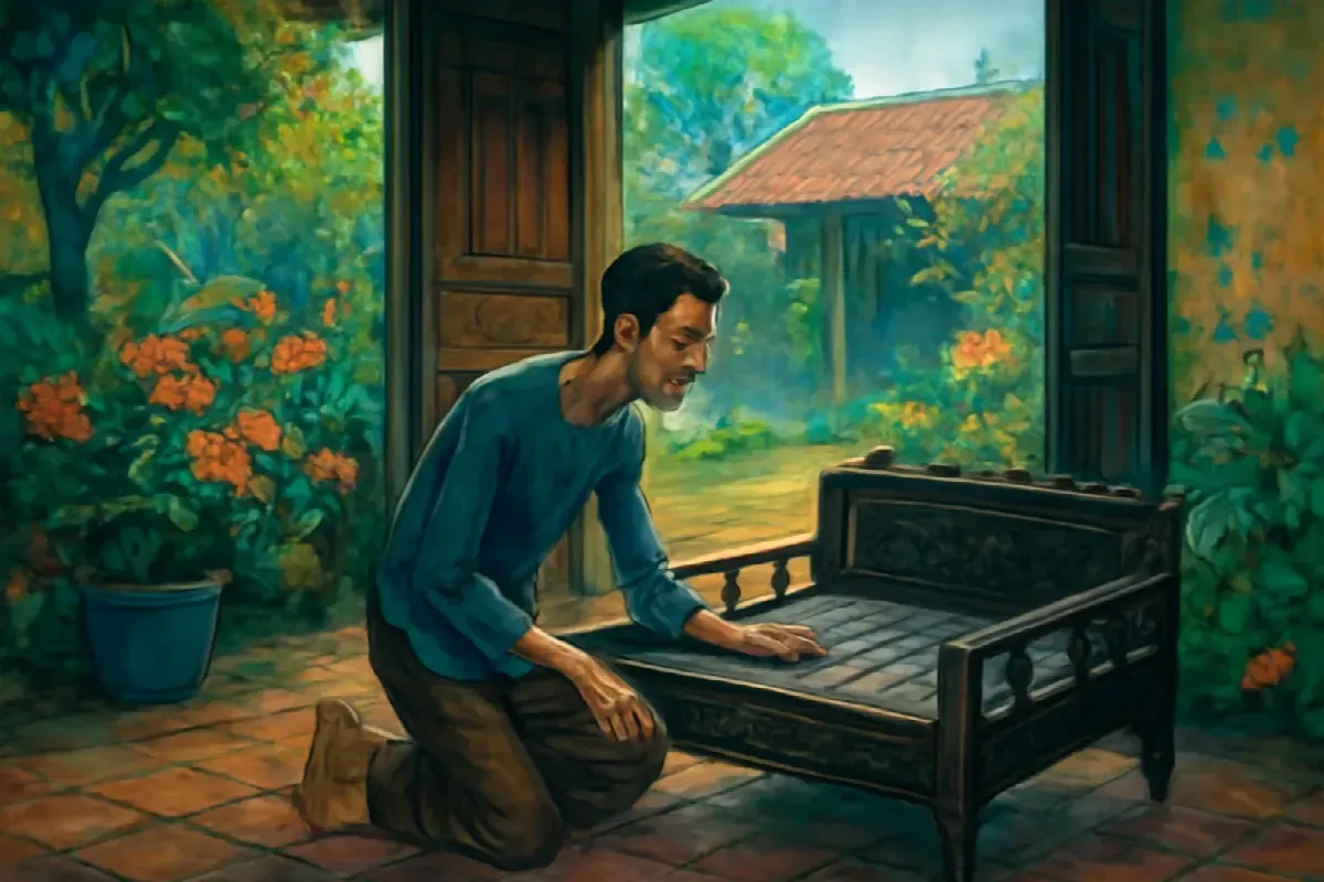 Con ma đè ngồi trên chiếc sập gỗ nhà rường