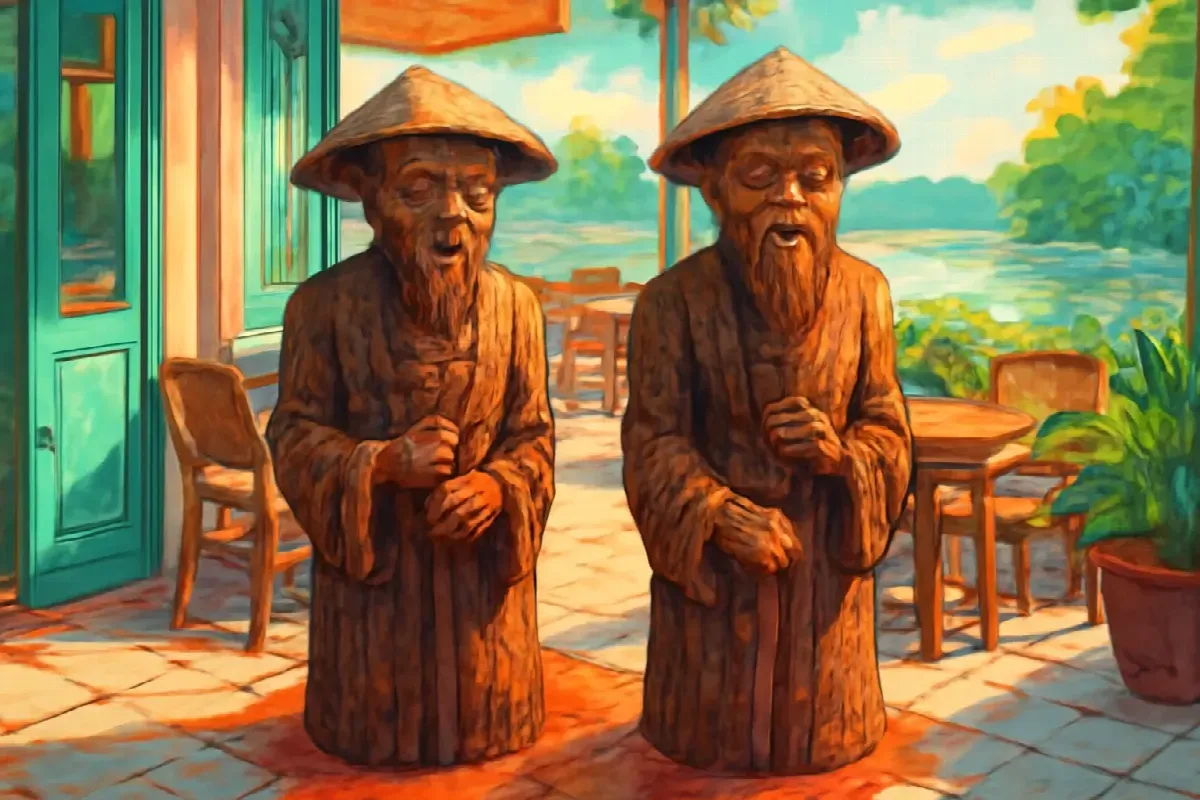 Dấu đất đỏ dưới chân tượng gỗ nhà mồ