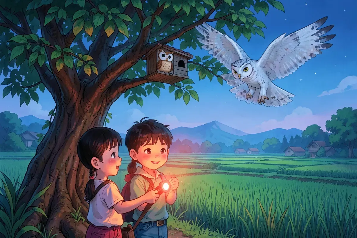 Đèn pin đỏ và bốn con cú lợn trong nhà kho