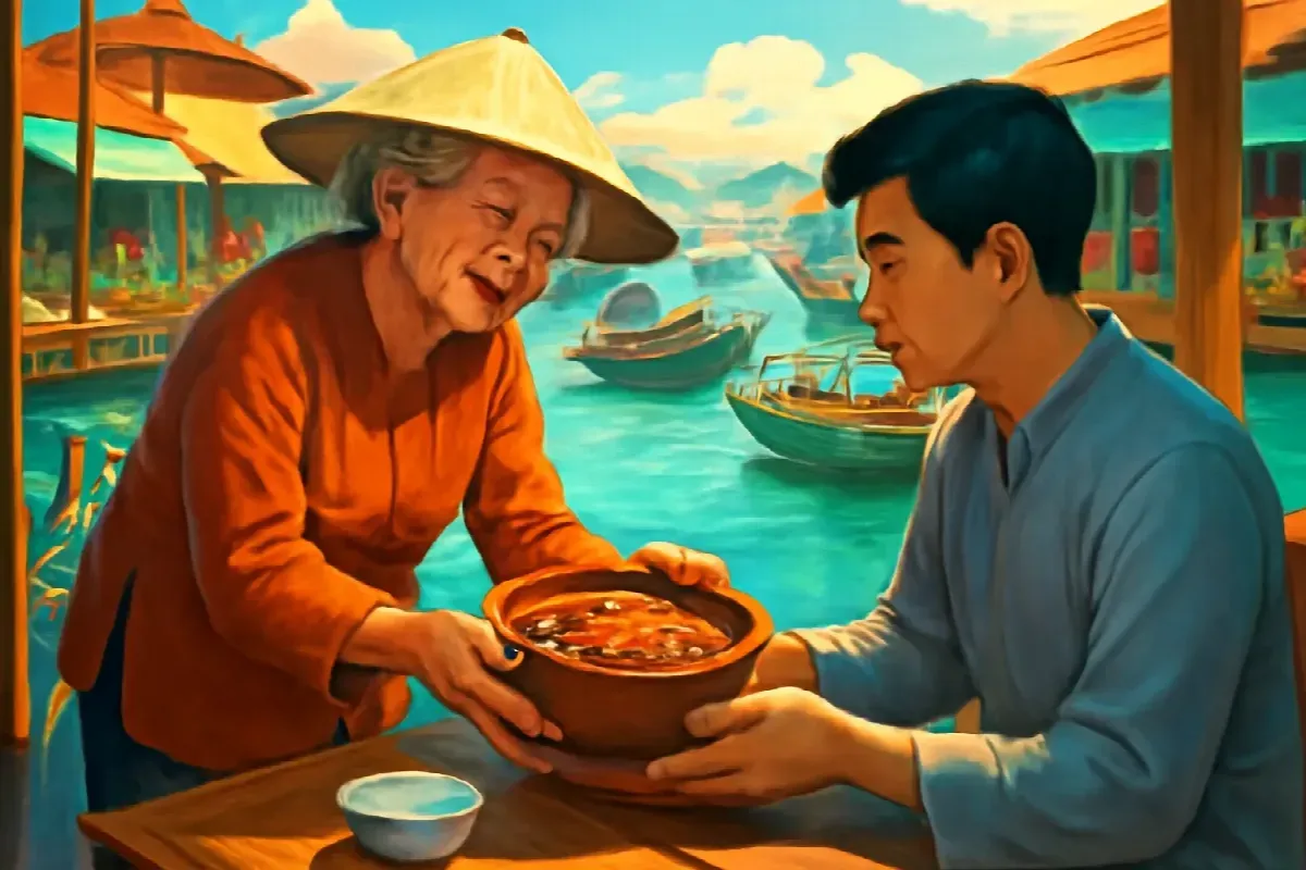 Nhánh ngò ở mép đĩa quán cơm bà Tám Vén